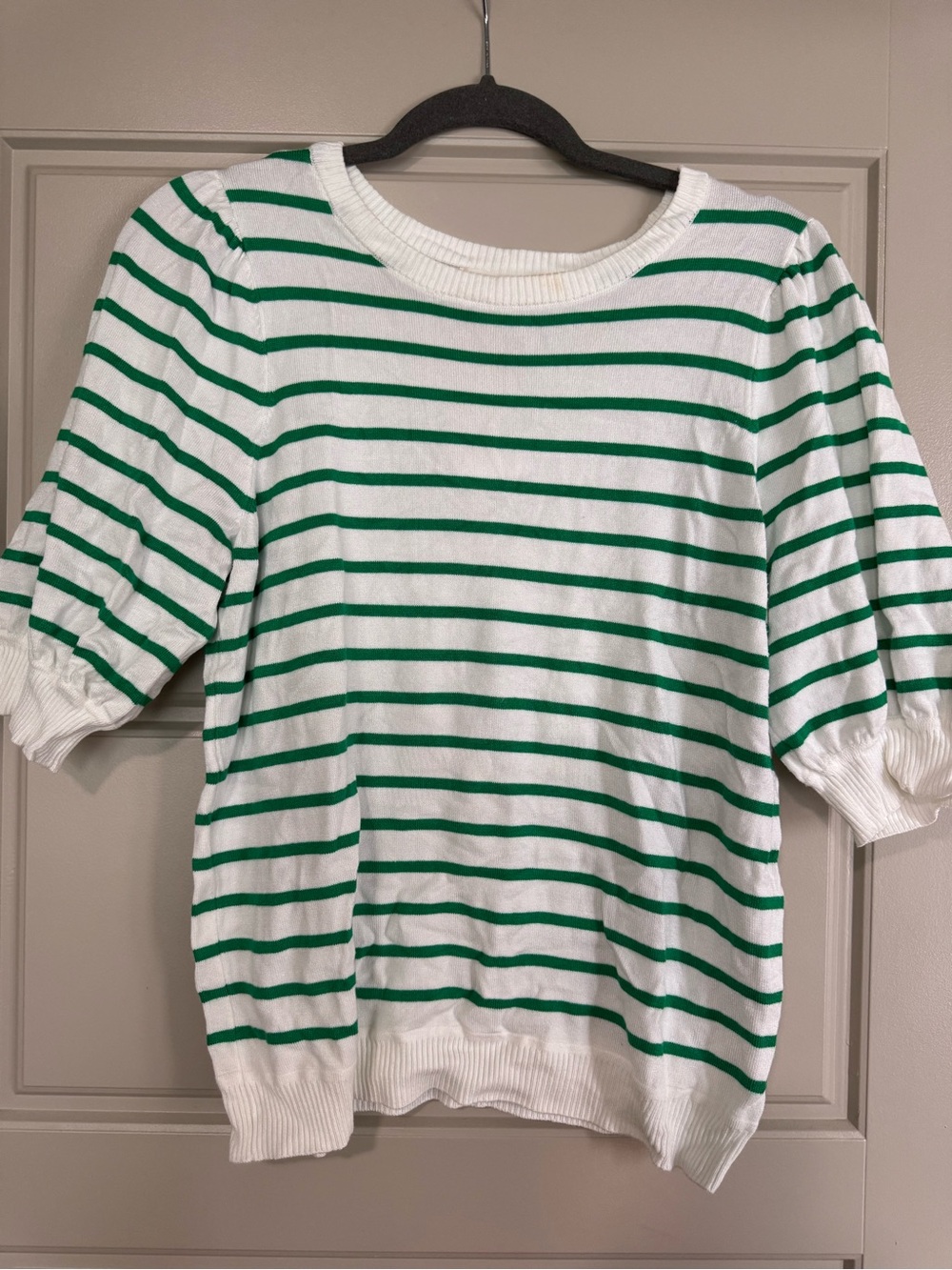 Women's Green & White Striped Short-Sleeve Sweater